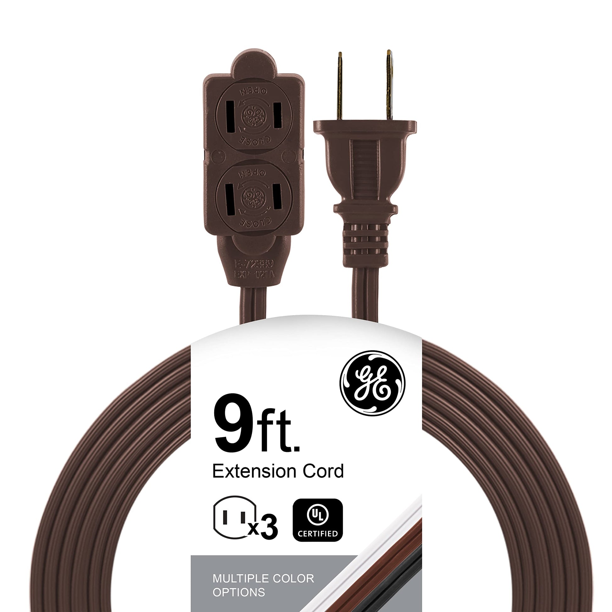 GE Designer - Extensión trenzada, 3 tiras, salidas de 2 dientes, enchufe plano, cable de alimentación sin enredos, perfecto para el hogar, la oficina o la cocina, clasificación UL, 9 ft, Marrón