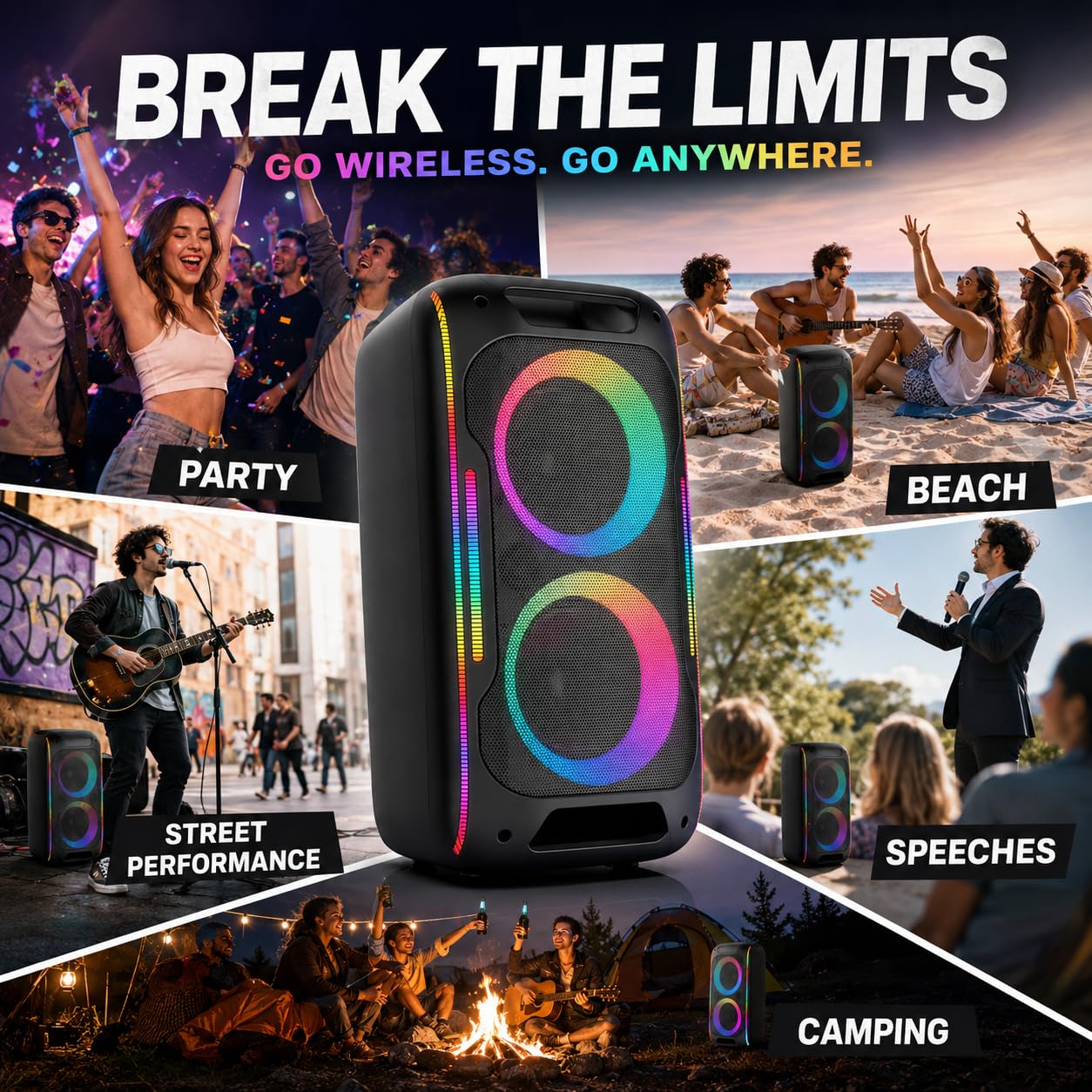 Altavoz Bluetooth para fiesta, potente sonido estéreo de 180 W con graves profundos, altavoz inalámbrico portátil con modos de sonido EQ, luces LED, Bluetooth 5.3 para el hogar, al aire última