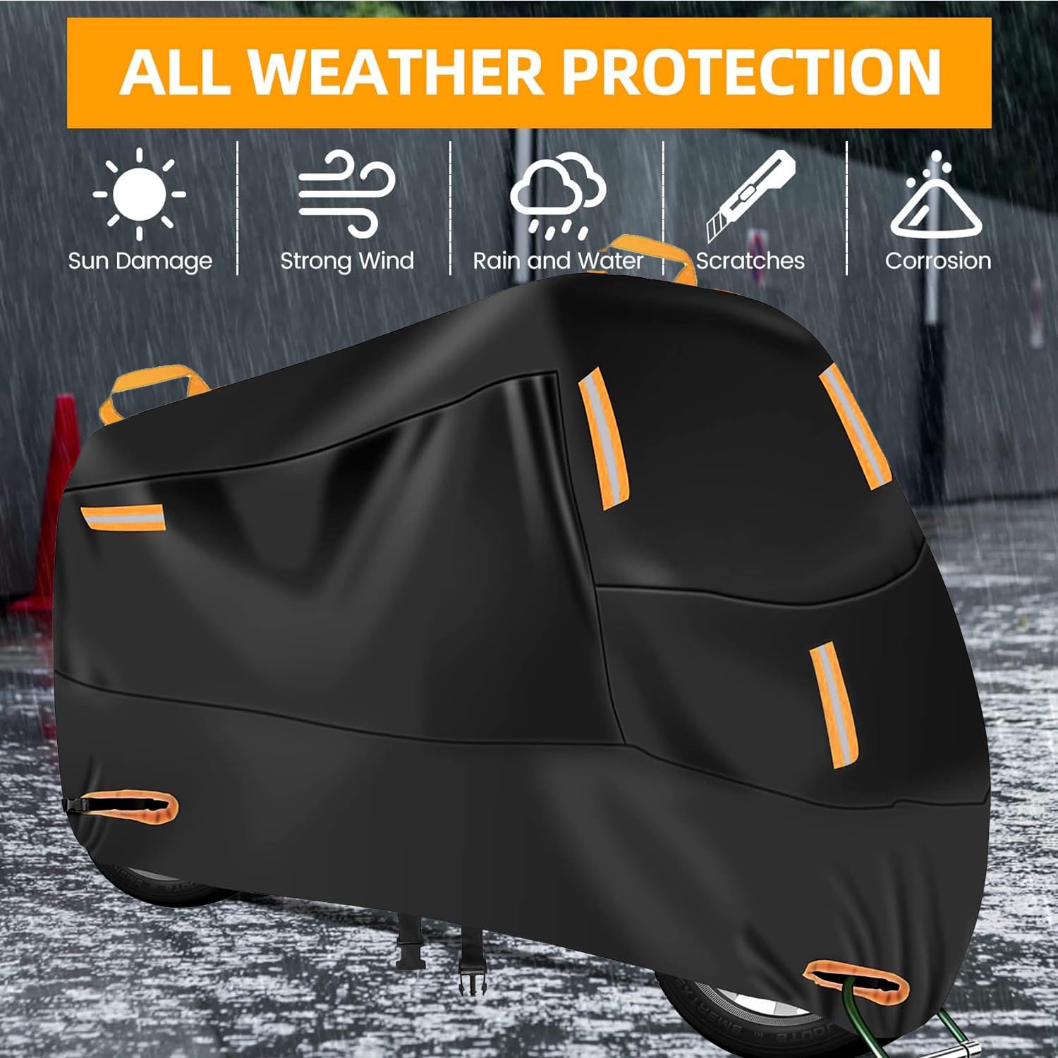 Funda Impermeable MYDEAR Negro con 5 Tiras Reflectantes y Orificios de Bloqueo para Moto o Bicicleta Exterior