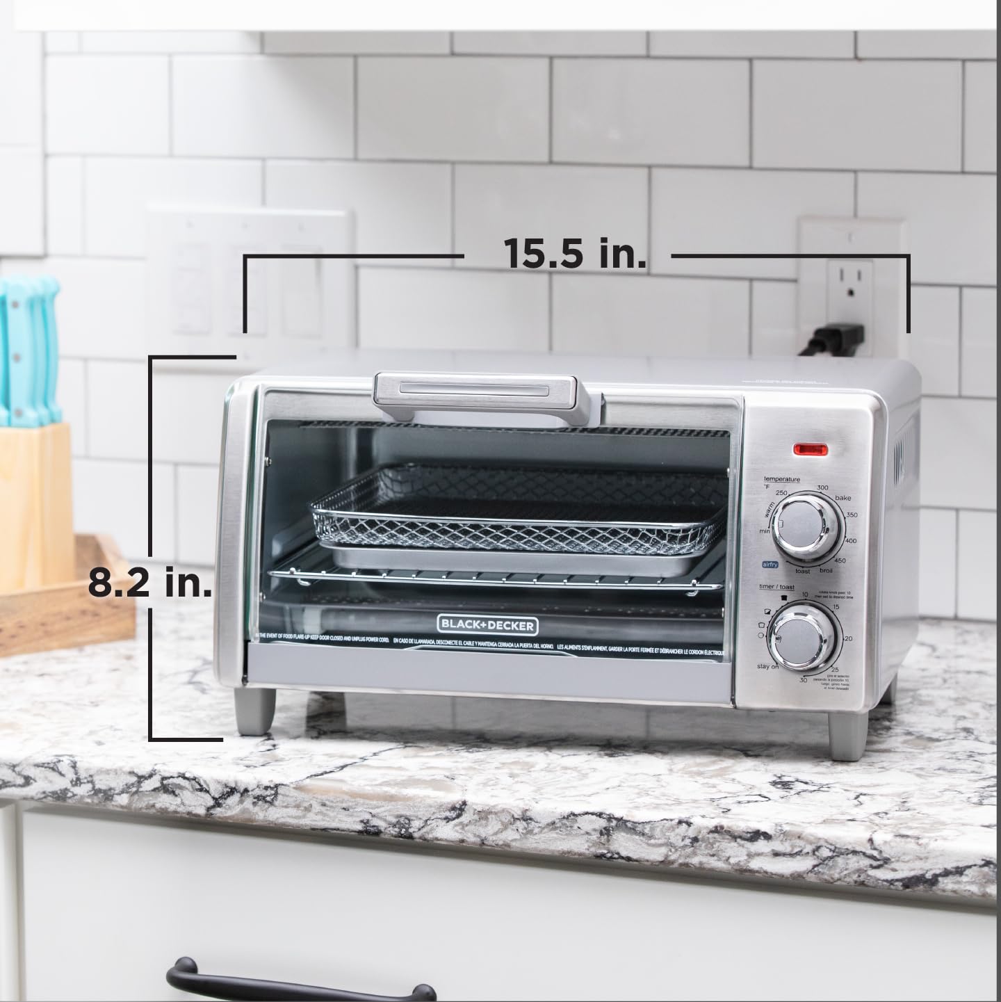 BLACK+DECKER Crisp 'N Bake Air Fry Horno tostador de convección, capacidad media, 4 veces, 5 en 1, se adapta a pizza de 9 pulgadas, temporizador de 30 minutos, hornear, asar, freír al aire, tostadas