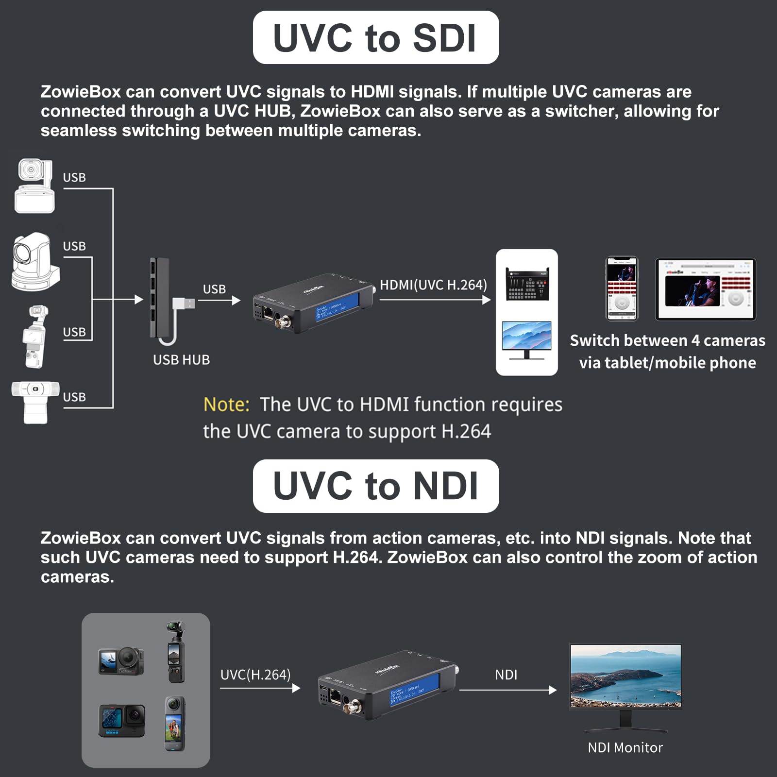 Decodificador de transmisión de Video NDI Nativo 3G SDI, ZowieBox, convertidor UVC a SDI, grabadora de Video SDI y Extensor con loopout, SRT/RTMP(S)/RTSP a NDI HX3, transmisión en Vivo no Empotrado