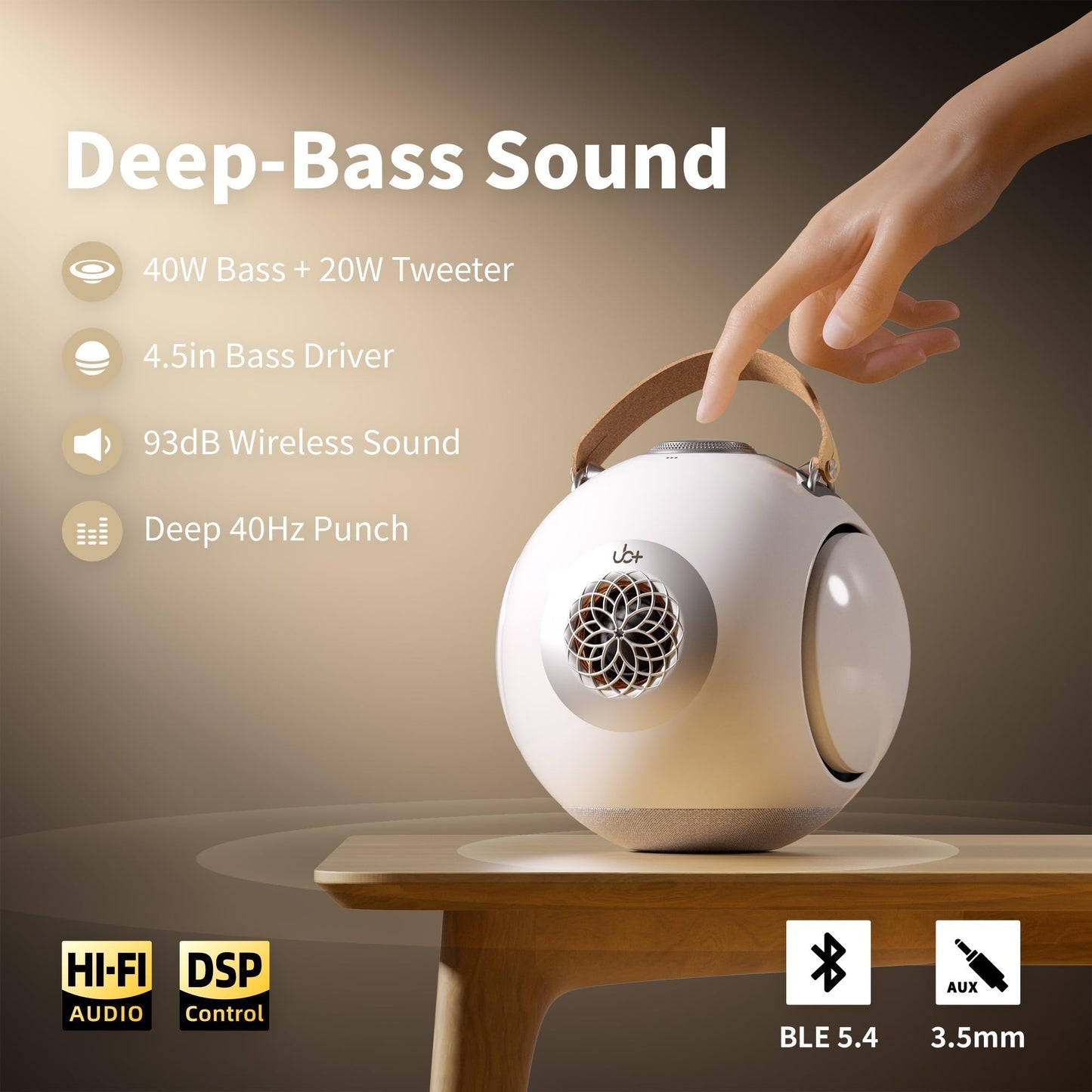 UB+ dB1 - Altavoz Bluetooth de doble graves | Sonido de alta fidelidad de 40 W con graves profundos extremos, tiempo de reproducción de 20 horas, IPX5 impermeable y TWS (blanco brillante), tecnología
