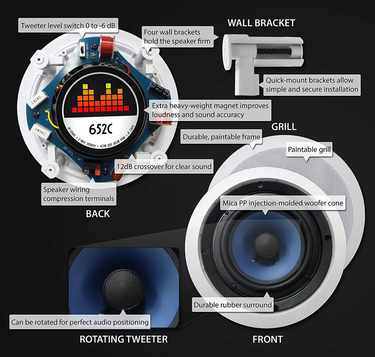 Altavoz de Techo 652C Blanco con Tweeter Pivotante, 16.51 cm, 80 Vatios 2-Way