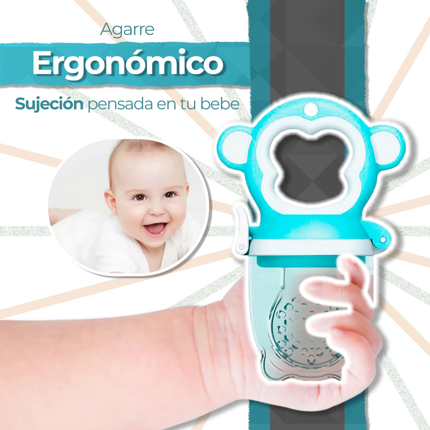 Chupón alimentador para frutas y papillas con seguro y tapa, 4 meses, dibujos animados (monkey azul)