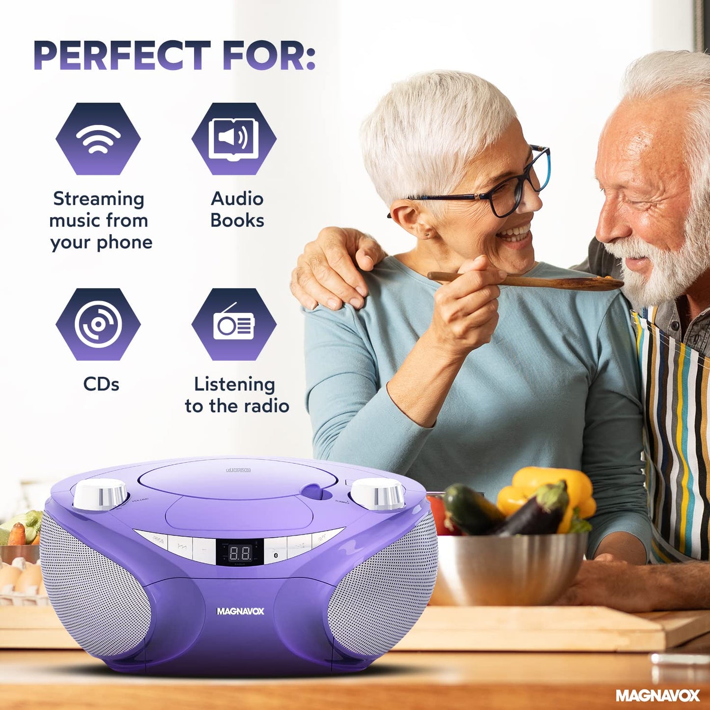 Magnavox MD6949-PL - Boombox portátil de carga superior con radio estéreo AM/FM y tecnología inalámbrica Bluetooth en color morado | Compatible con CD-R/CD-RW | visualización LED |