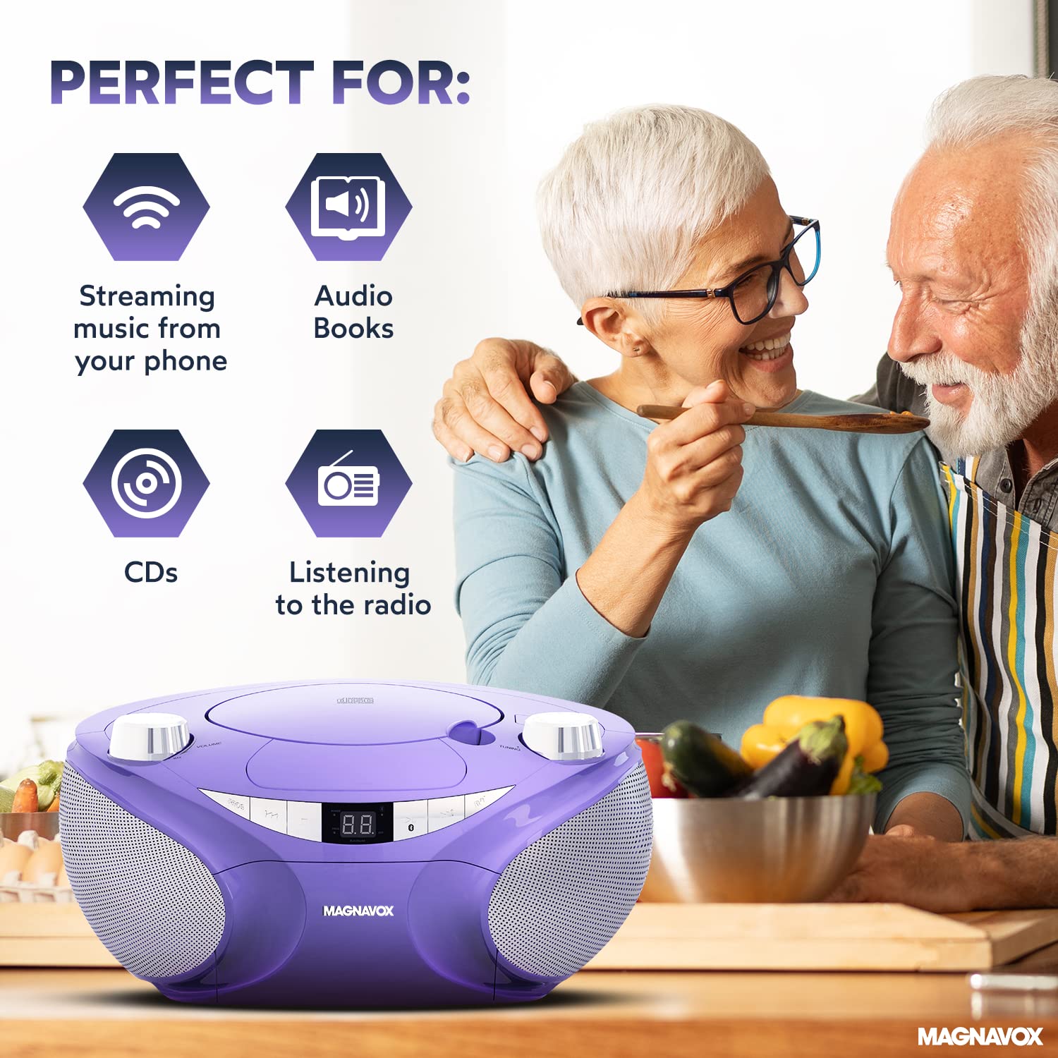 Magnavox MD6949-PL - Boombox portátil de carga superior con radio estéreo AM/FM y tecnología inalámbrica Bluetooth en color morado | Compatible con CD-R/CD-RW | visualización LED |
