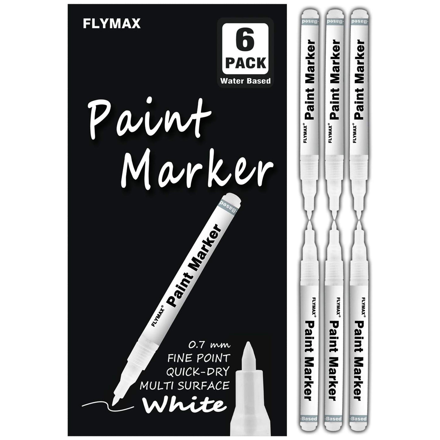 FLYMAX - Juego de 6 rotuladores de pintura blanca de 0,7 mm, acrílico, permanentes, color blanco, para madera, roca, plástico, vidrio, piedra, metal, lona de cerámica, punta extrafina