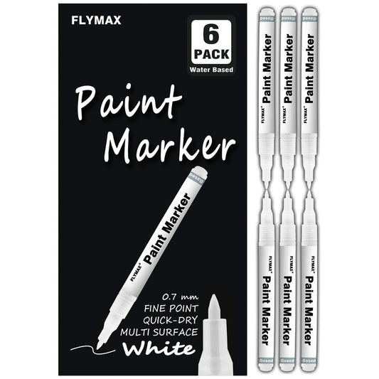 FLYMAX - Juego de 6 rotuladores de pintura blanca de 0,7 mm, acrílico, permanentes, color blanco, para madera, roca, plástico, vidrio, piedra, metal, lona de cerámica, punta extrafina