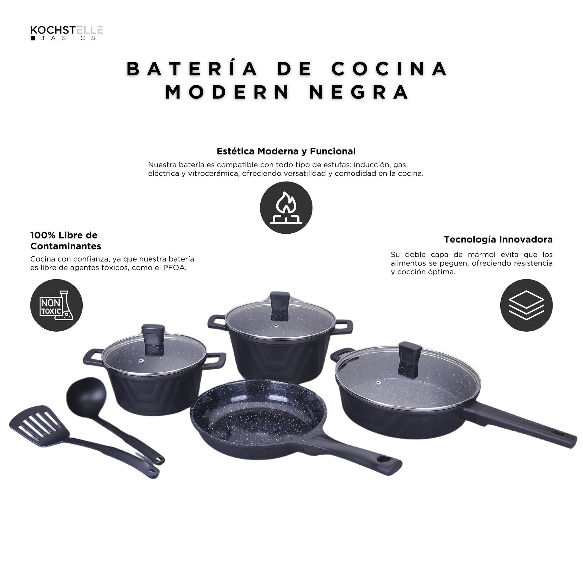 KOCHSTELLE – Bateria de cocina de mármol Antiadherente 13 piezas – Juego de utensilios de cocina de inducción - Juego de ollas y sartenes para cocinar – Modern Negra
