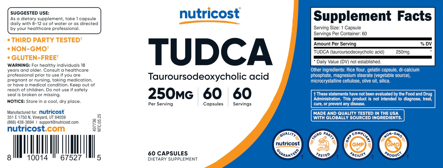 Suplemento Nutricost Tudca 250mg sin Gluten ni OGM Calidad Premium
