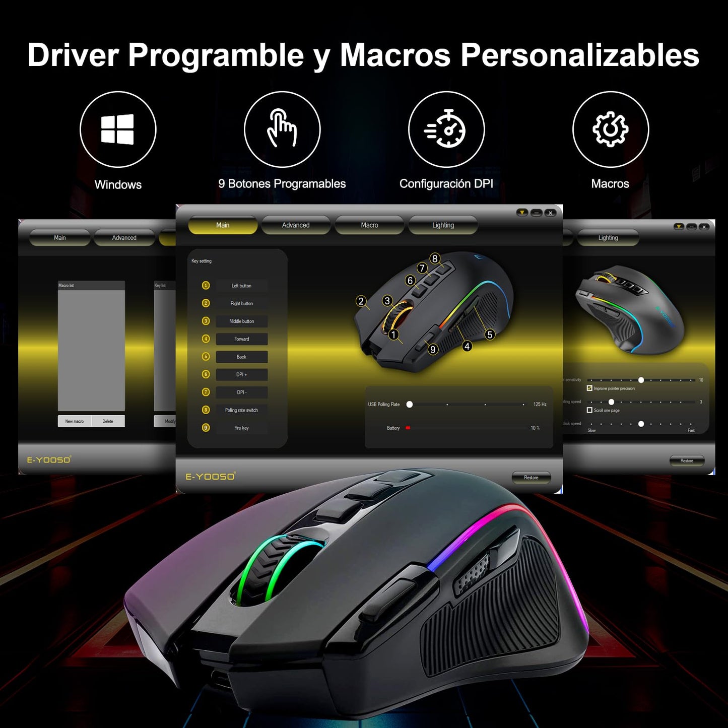 Mouse Gaming TERPORT S500 Inalámbrico Óptico RGB con 9 Botones Programables y 8000 DPI