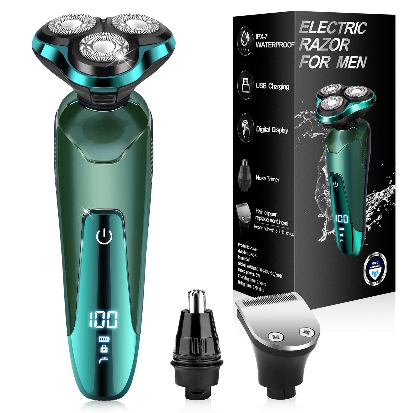Maquinilla de afeitar eléctrica para hombres, afeitadoras eléctricas para caras de hombres, cuchilla desmontable 3D rotativa para afeitarse con recortadora de nariz, cepillo de limpieza facial