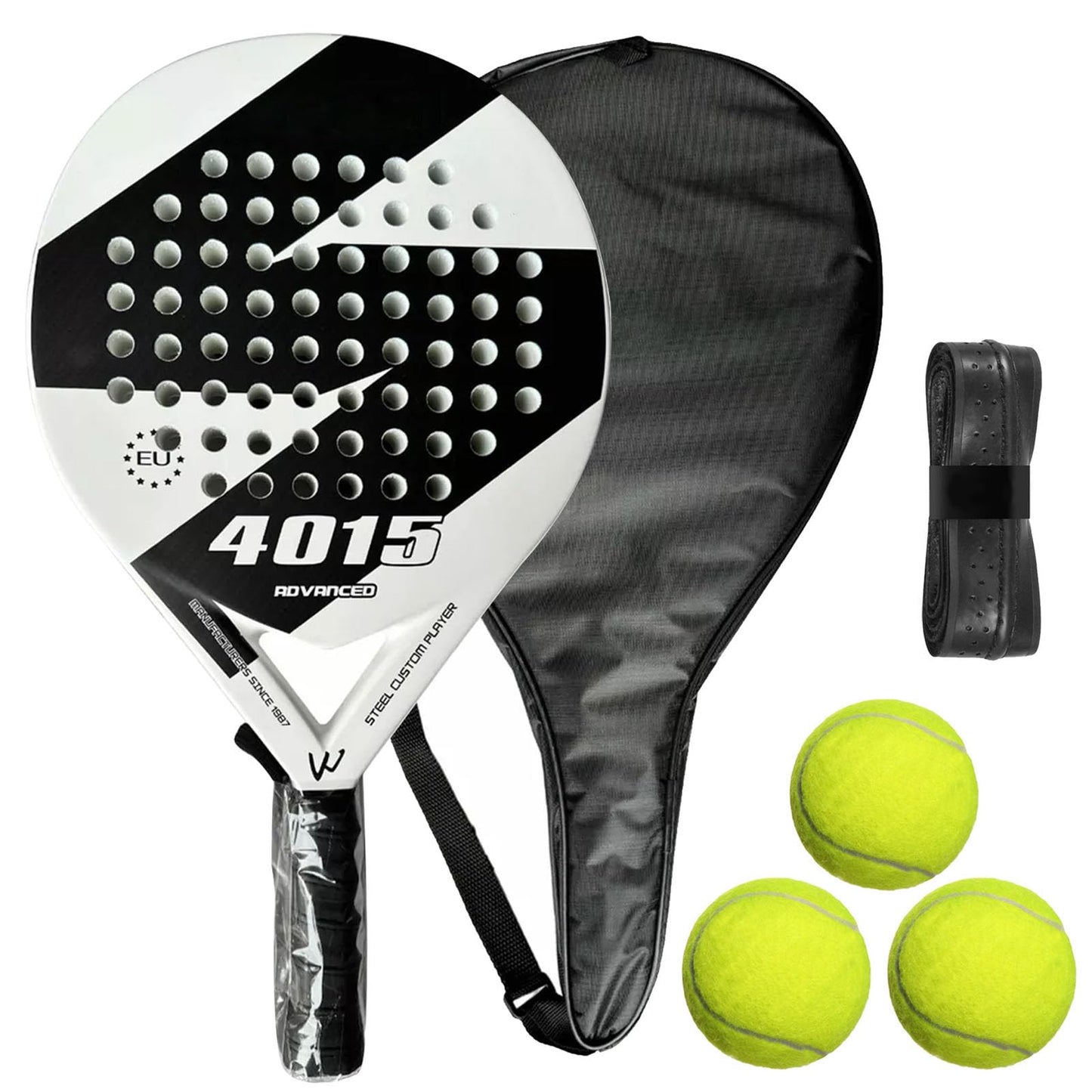 KUEIY Pala de pádel con Funda, con 3 Bolas y Grip, sándwich de Espuma EVA, Fabricada en Fibra de Carbono, Apta para Jugadores Principiantes e intermedios (Blanao)