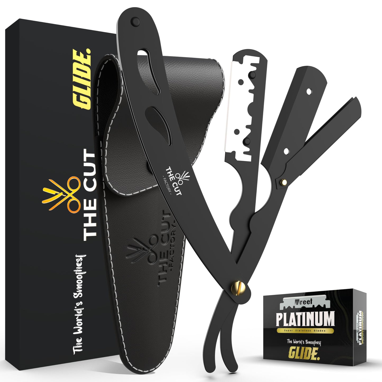 Navaja de afeitar recta The Cut Factory con paquete de navajas de afeitar de una sola hoja Platinum Treet para hombres - Navaja de afeitar de borde recto profesional para un afeitado apurado 100 por