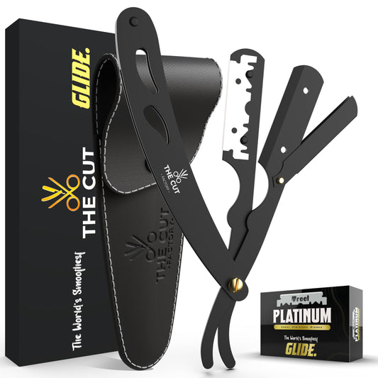 Navaja de afeitar recta The Cut Factory con paquete de navajas de afeitar de una sola hoja Platinum Treet para hombres - Navaja de afeitar de borde recto profesional para un afeitado apurado 100 por