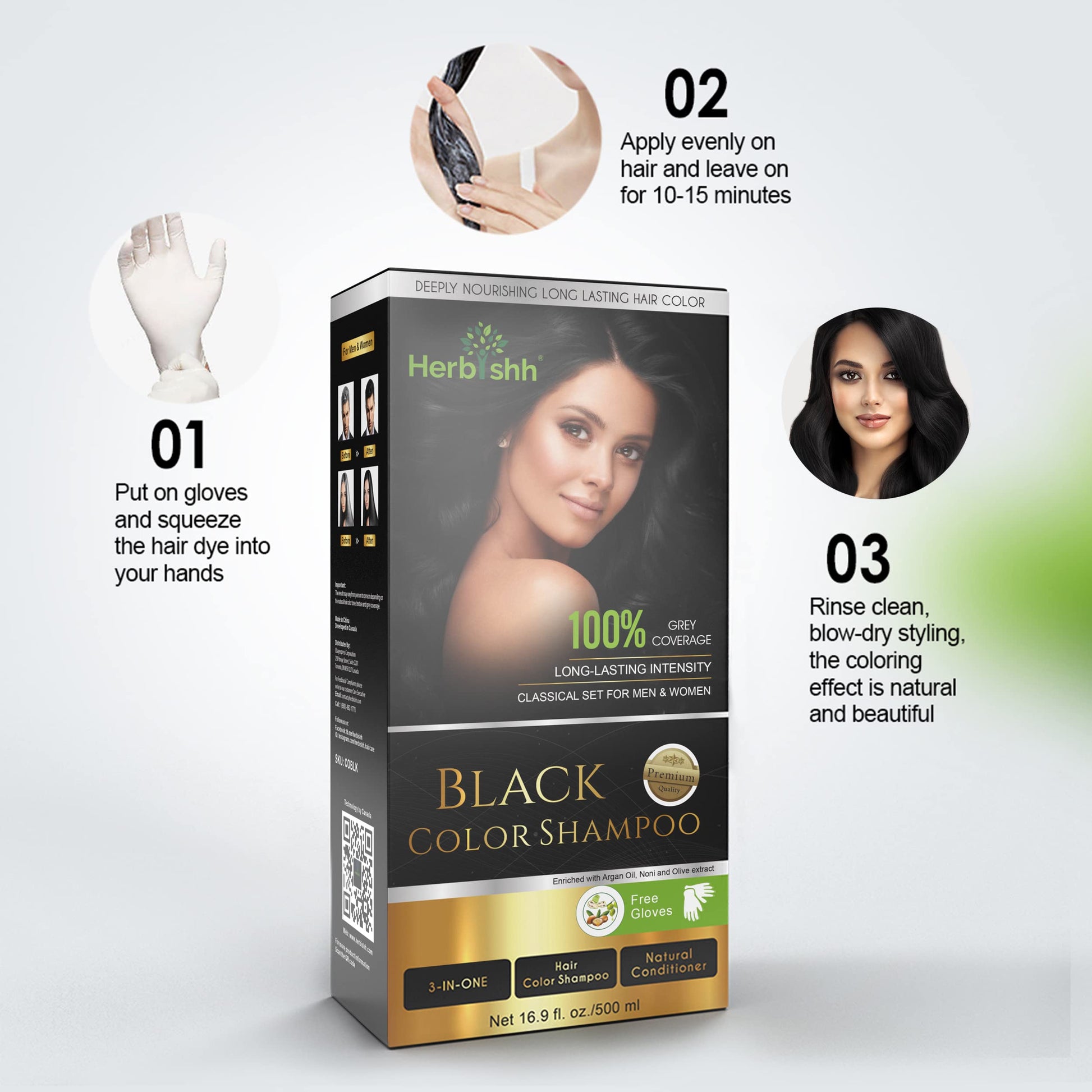 Herbishh - Champú colorante para cabello gris, champú con tinte natural para el cabello, colorea el cabello en minutos, dura hasta 3 o 4 semanas, 500 ml, tinte de cabello 3 en 1, sin amoniaco | (negro)