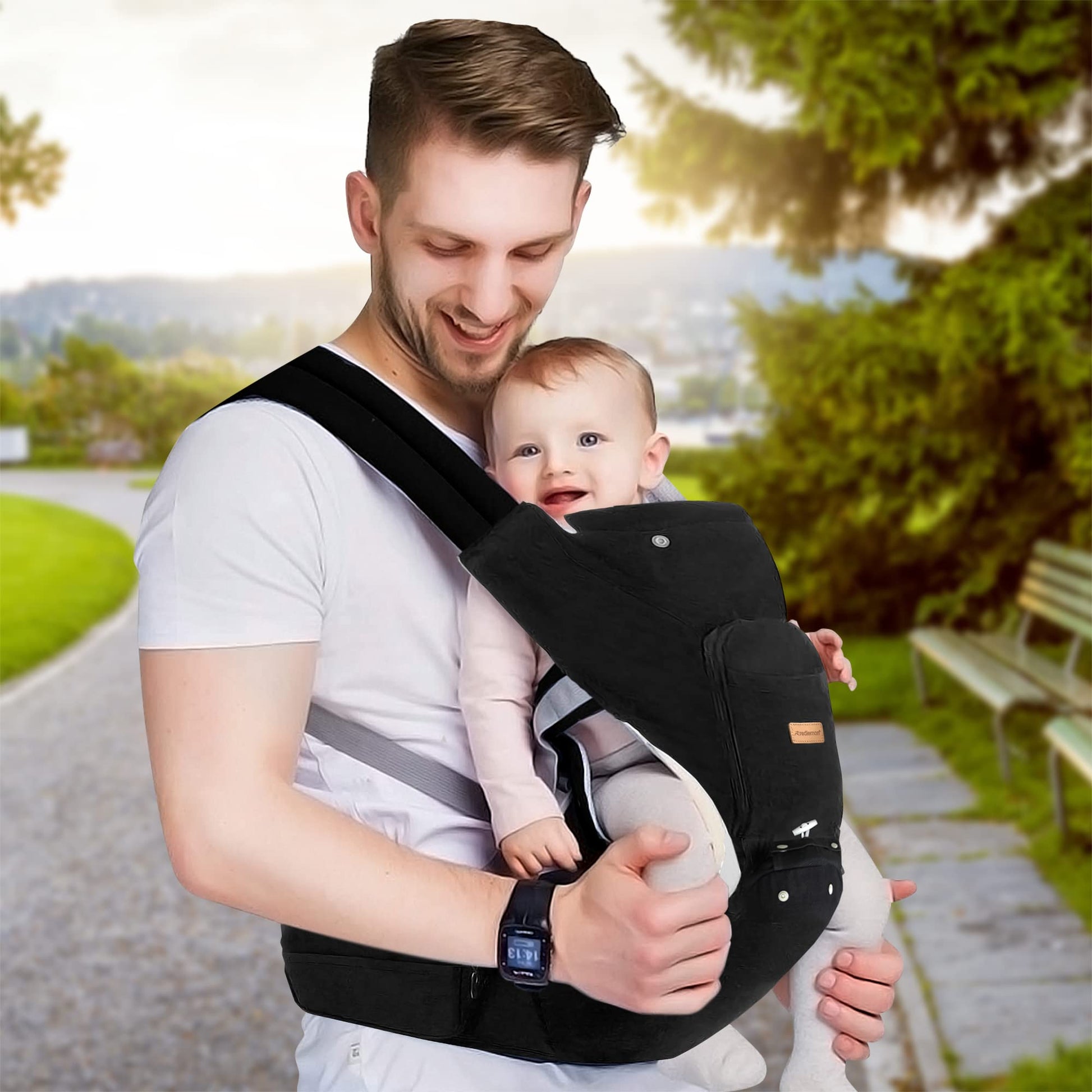 SHIMY Canguro para Bebé, Cangurera Portabebé Tipo Fular para Niños de 0 a 36 Meses, Mochila Ergonómica con Soporte para Cintura, Múltiples Compartimentos con Cierre, Ajustable a Varias Posiciones