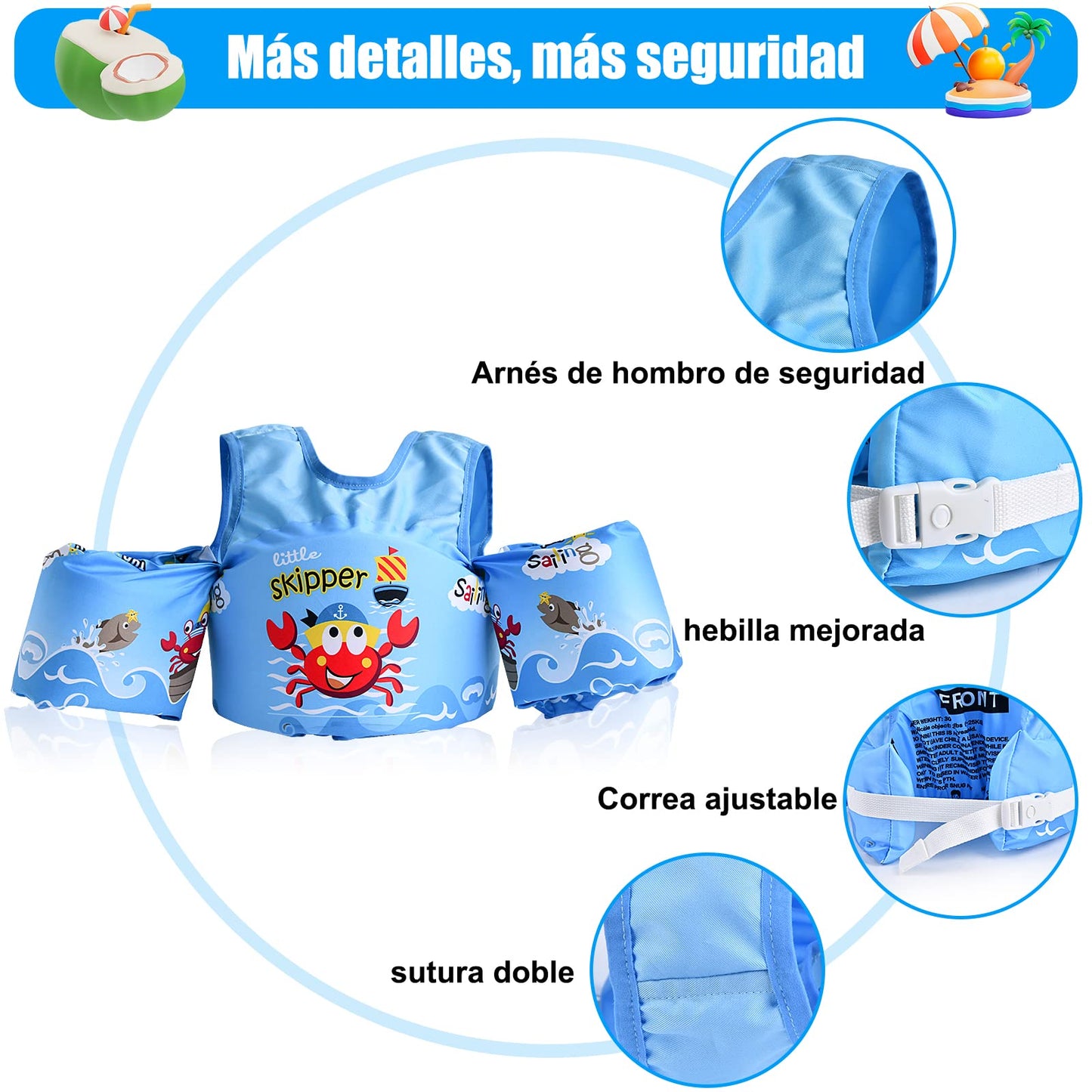 Chaleco Salvavidas VVYY8985 Cangrejo Ajustable para Niños y Niñas de 3 a 8 Años