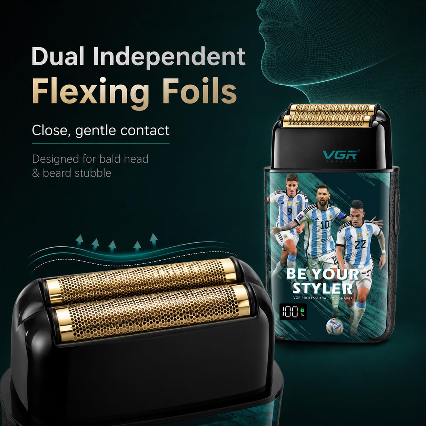 VGR 309 - Afeitadora eléctrica de lámina para hombre, profesional recargable de 3 velocidades con doble lámina de flexión independiente, IPX6 - Afeitadora inalámbrica impermeable para barba, cabeza