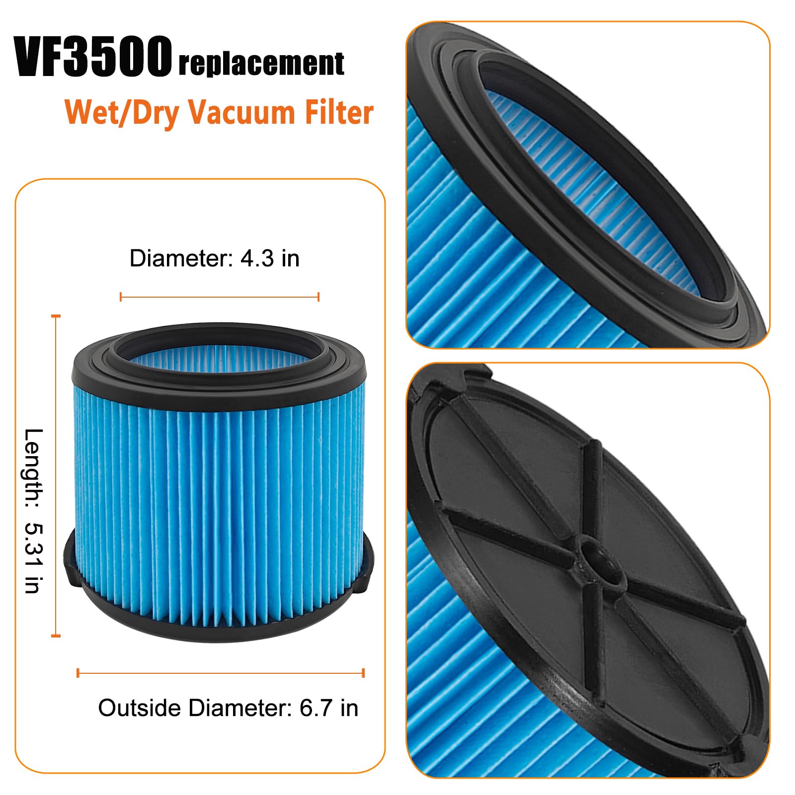 LVJUSEN VF3500 Filtro de repuesto para Ridgid Shop Vaccum, 26643 Filtro de polvo fino para aspiradoras portátiles de 3/4/4.5 galones, reemplaza WD40700, WD30500-2 unidades