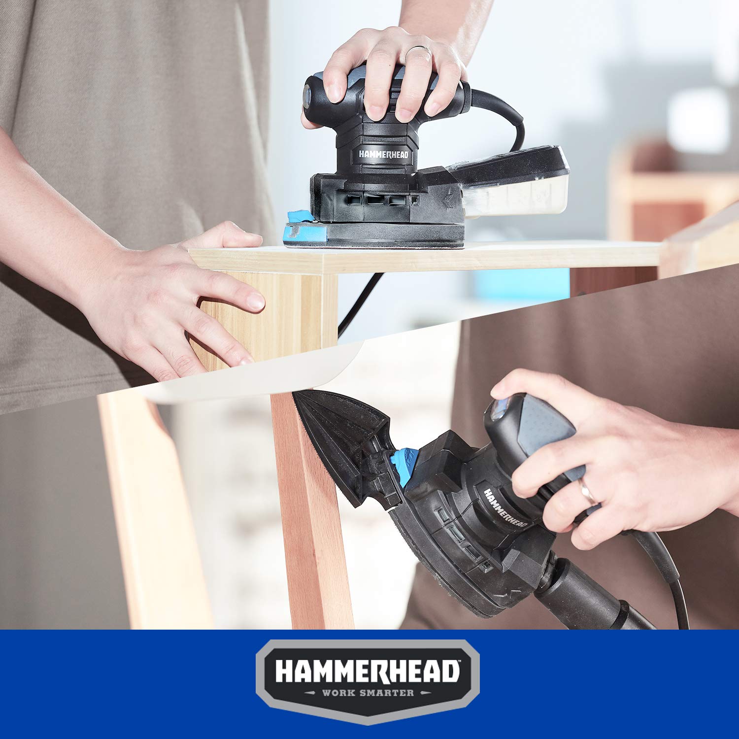 Hammerhead Lijadora de detalles multifunción de 1,4 amperios con 12 piezas de papel de lija, sistema de recogida de polvo y accesorio de detalle - HADS014