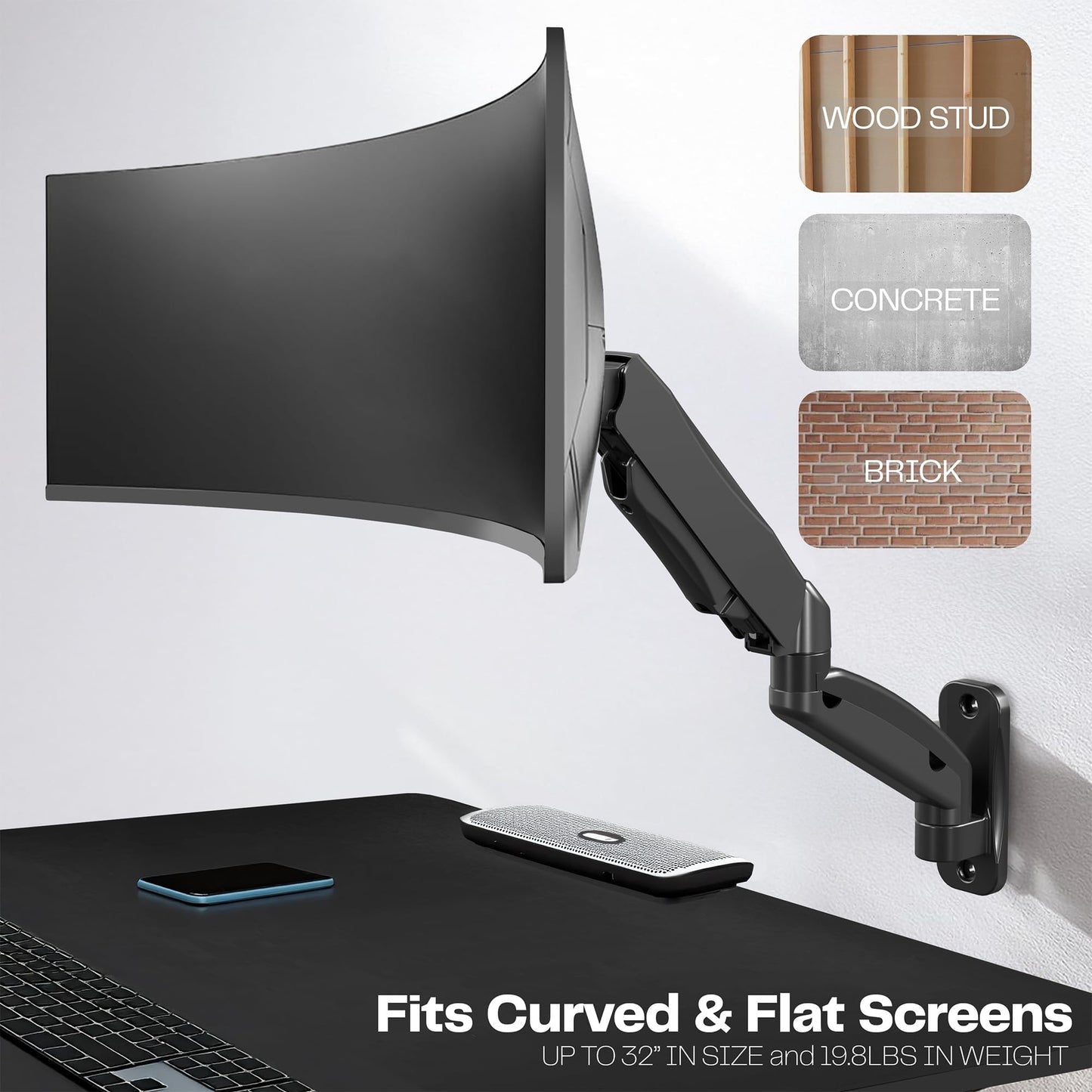 Soporte de Pared Vivo Negro con Brazo Extendido Ajustable para Monitor de 17 a 32 Pulgadas