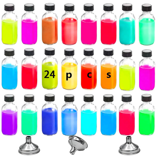 Botellas de vidrio redondas Boston, paquete de 24 botellas pequeñas de vidrio de 2 oz (60 ml) con tapas y embudos de acero inoxidable para jugo, aceite y whisky, de cocina, de viaje y reutilizables