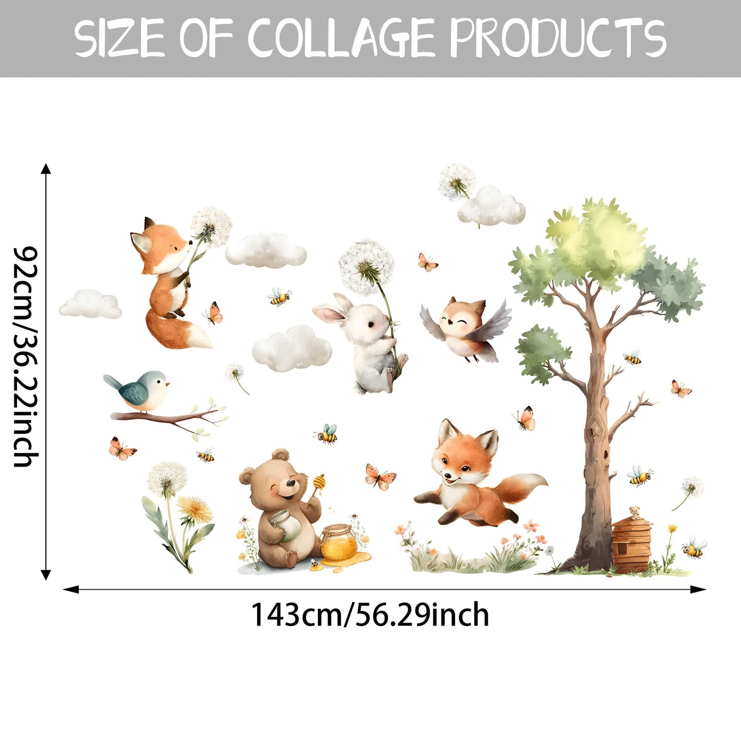 Calcomanías de pared de animales, lindas calcomanías para guardería, animales osos, flores, mariposas, pájaros, nubes, árboles, pelar y pegar, calcomanías de pared, guardería, recámara, sala de estar