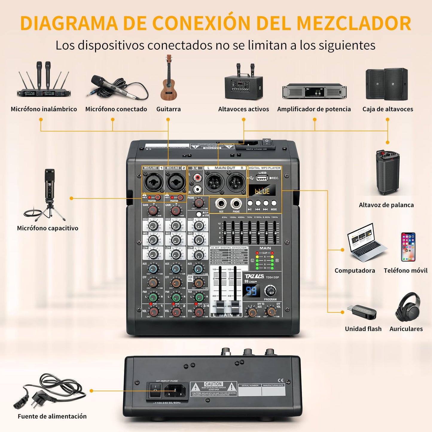 Mezclador de Audio TKLBLS Estéreo con Consola de Mezcla DSP de 4 Canales y Salida de EQ de 7 Bandas