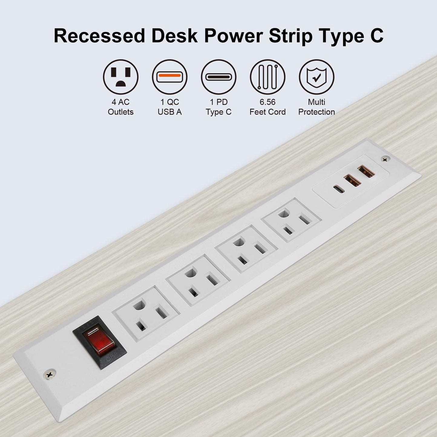 Regleta Empotrada con USB C 20W PD Carga Rápida Toma de Corriente de Escritorio 4 Puntos de Venta USB C Construido en Mueble Enchufe de Alimentación de Extensión para Oficina Dormitorio (Blanco)