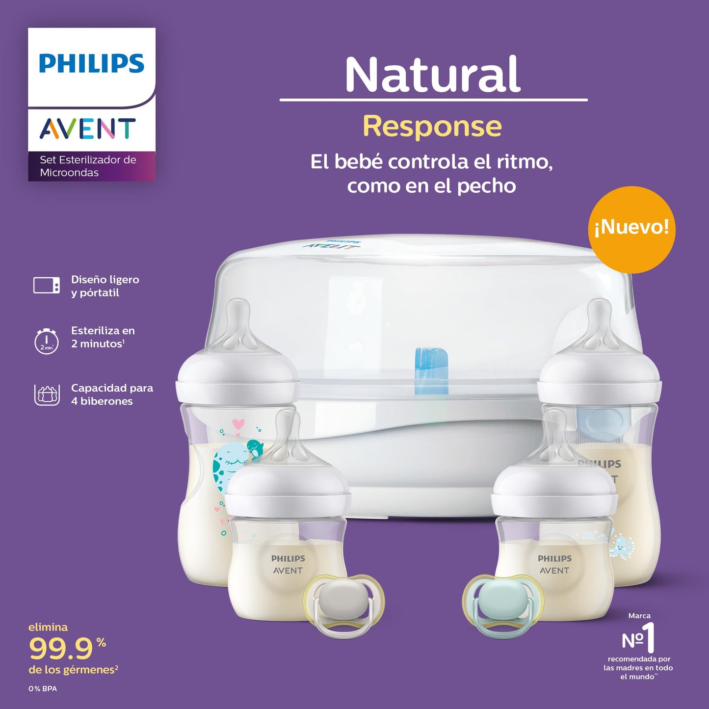 Set Esterilizador de Microondas Philips Avent Natural Response con Biberones Decorados y Chupones para Bebé