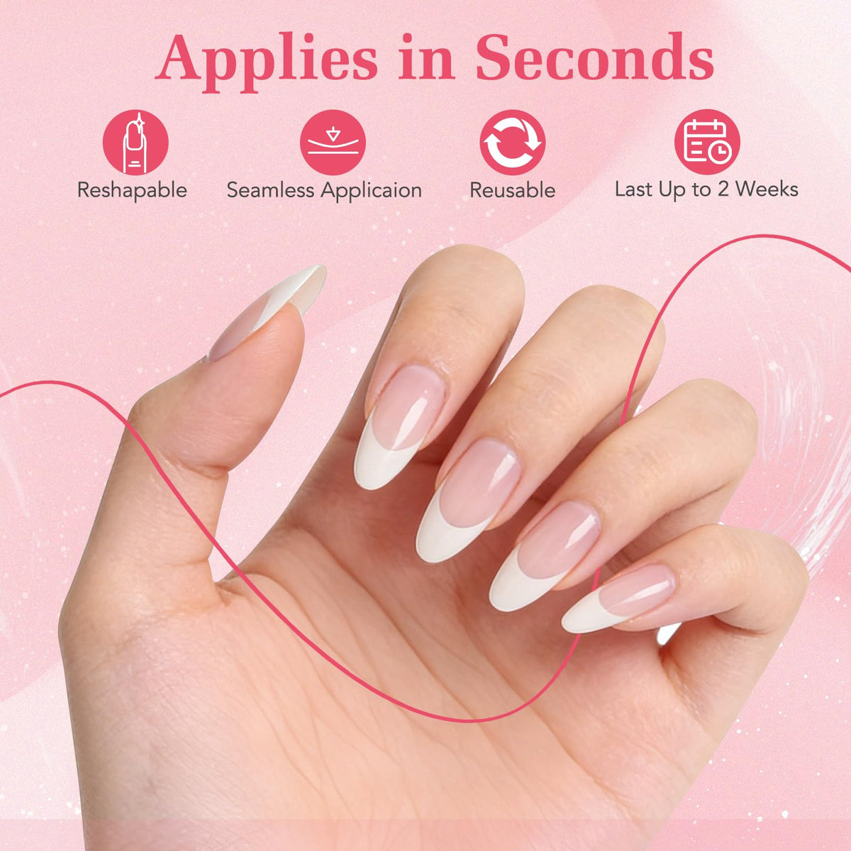 Skiennix Uñas postizas francesas - Forma almendrada mediana puntiaguda, 15 tamaños, 30 piezas de uñas adhesivas de gel suave reutilizables, kit clásico de uñas postizas para mujer.