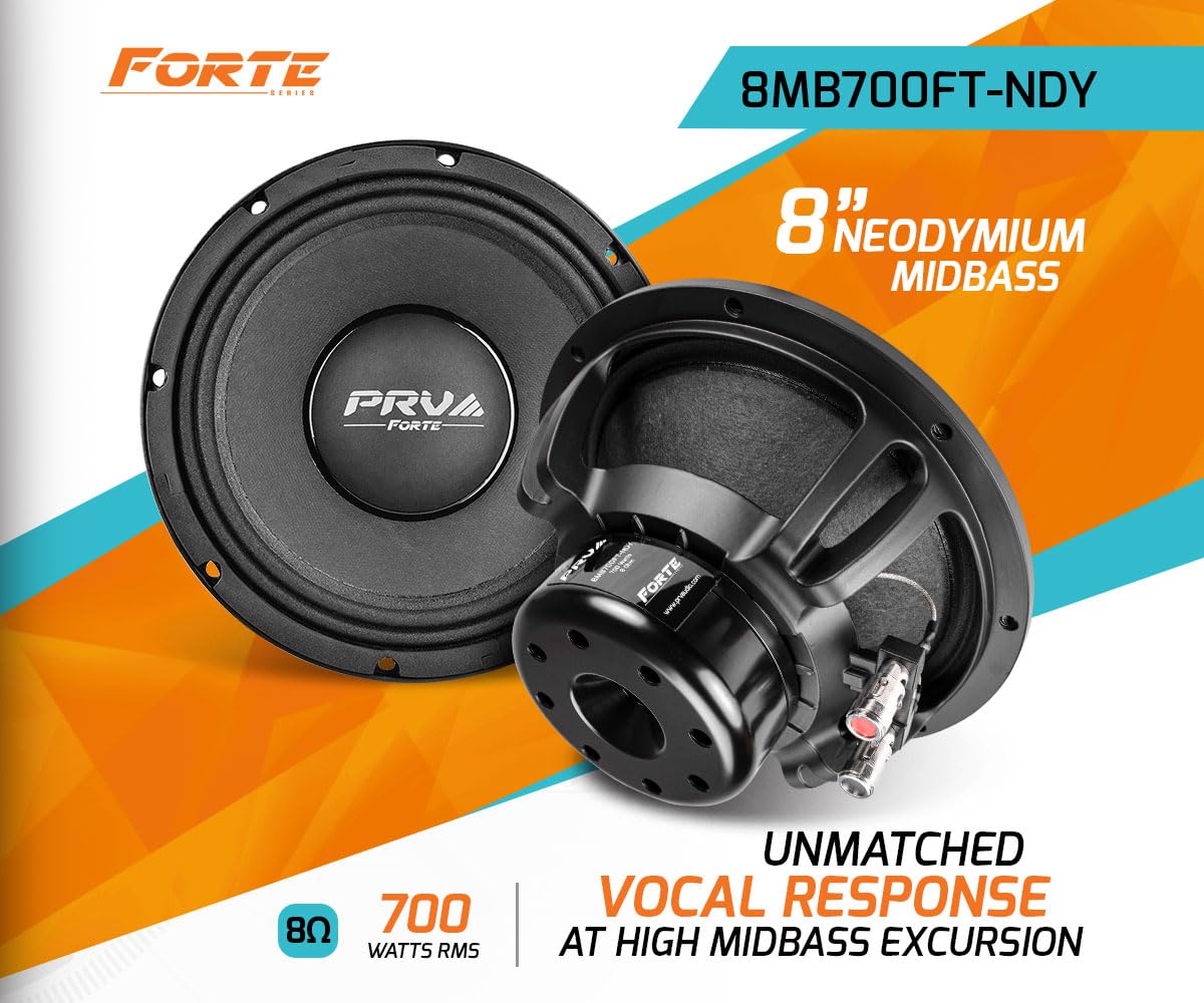 PRV AUDIO - Altavoz de Bajo Medio de 8 Pulgadas 8MB700FT-NDY 8 Ohmios Altavoz de Neodimio con 700 Vatios de Potencia RMS, Audio Profesional de Alta Excursión Neo Bajo Medio (Simple), Color Negro