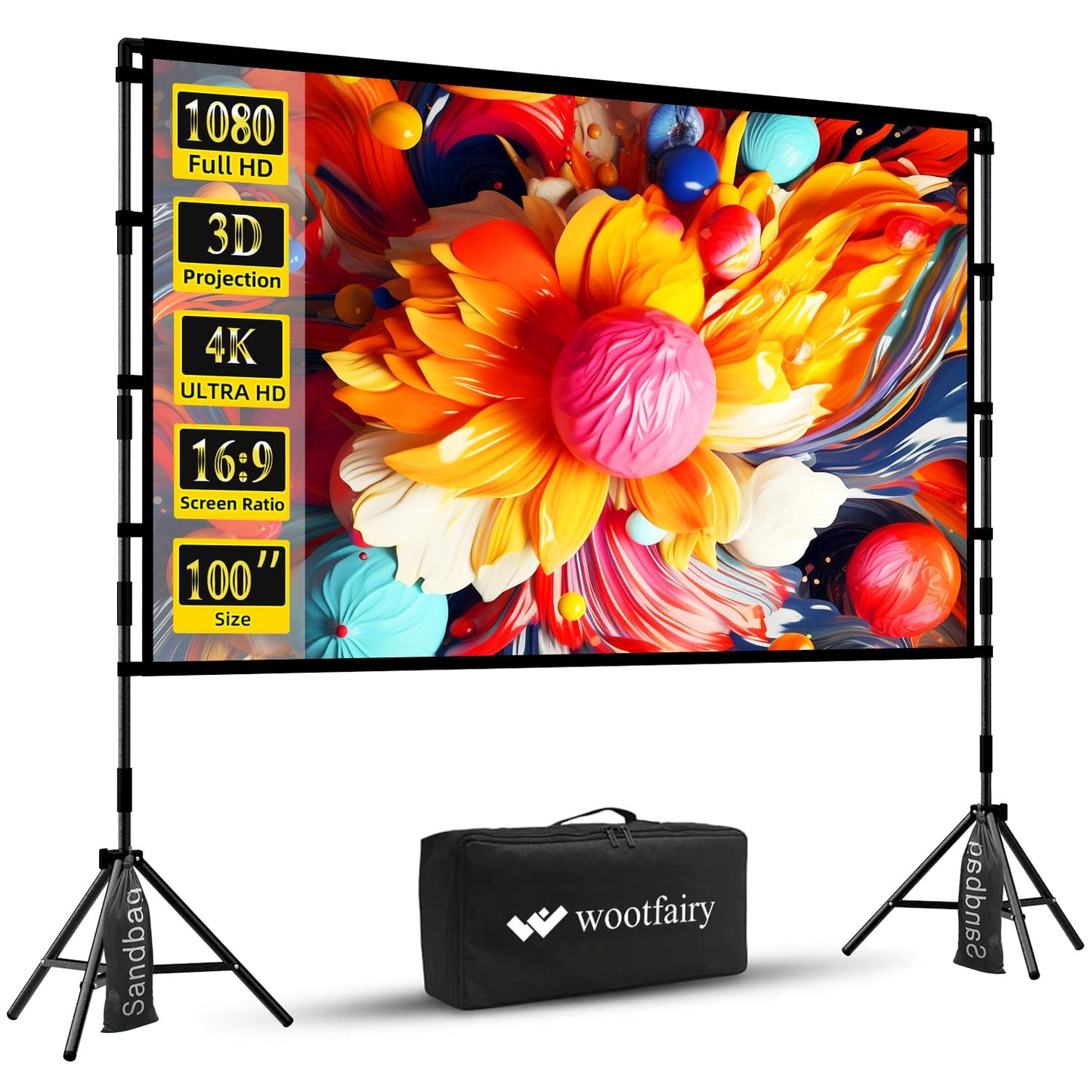 Wootfairy - visualización de proyección plegable y portátil de 100 pulgadas, visualización de proyección 16:9 4K HD, parte trasera frontal sin arrugas, con bolsa de transporte, para interiores y