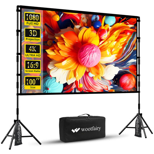 Wootfairy - visualización de proyección plegable y portátil de 100 pulgadas, visualización de proyección 16:9 4K HD, parte trasera frontal sin arrugas, con bolsa de transporte, para interiores y