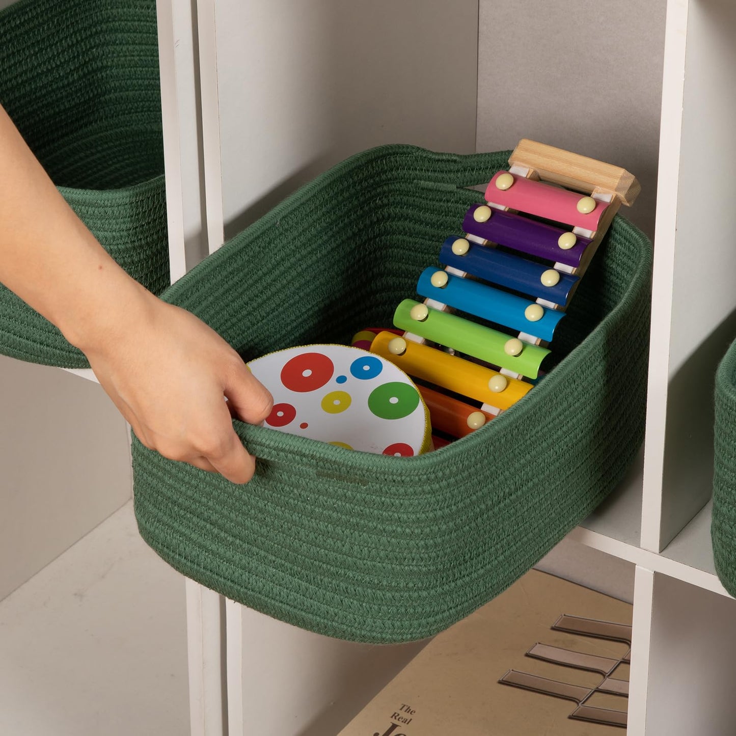 OIAHOMY - Cestas tejidas de cuerda de algodón para almacenamiento, cesta de almacenamiento rectangular para guardería con asas para estantes, paquete de 3, verde