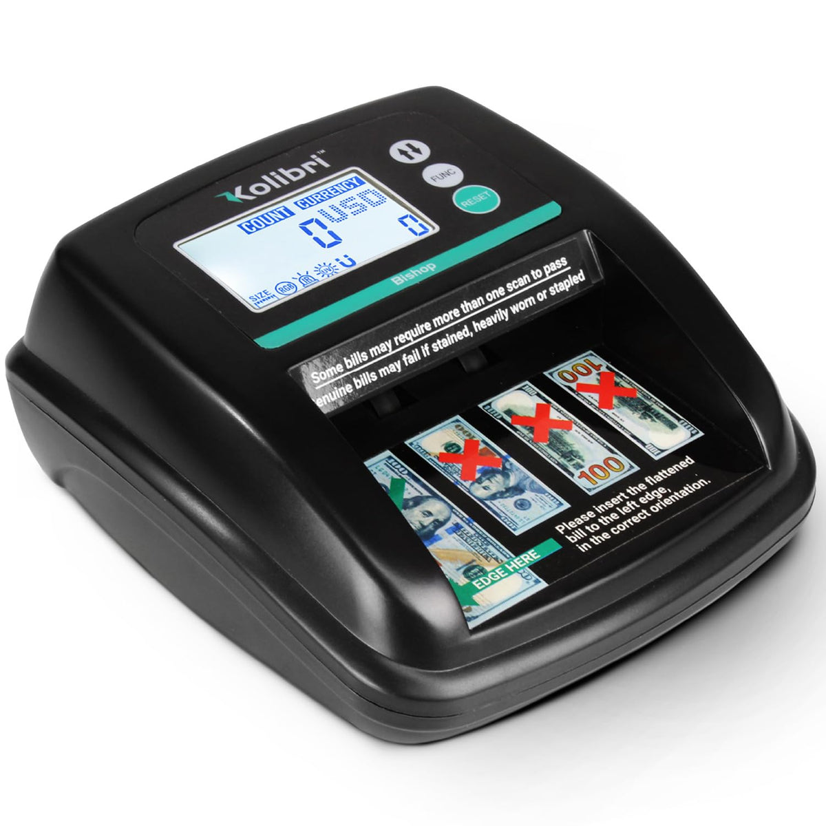 Detector de Billetes Falsos Kolibri Bishop Negro con Pantalla LCD y 5 Controles Avanzados de Detección