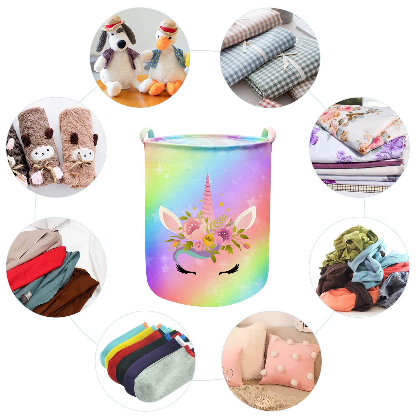 Cesta de lavandería con diseño de unicornio, de gran tamaño, redonda, impermeable, plegable, organizador de habitación de niñas, recámara, cuarto de bebé, ropa de sala de juegos (43.3 l, lindo