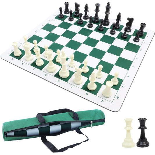 BREEZEE Juego de Ajedrez Profesional, Portátil Enrollable, 51x51 cm Tipo Mousepad Espesor 2 mm, 2 Reinas Extra y Bolsa de Viaje, Ajedrez Profesional con Piezas Pesadas para Torneo, Juegos de Mesa