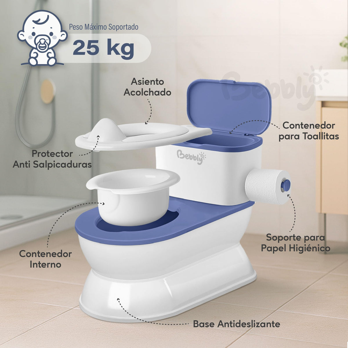 BEBBLY Bañito Entrenador Infantil con Sonido Musical Portarrollo y Almacenamiento Asiento Antiderrapante para Niños y Niñas de 6 Meses a 3 Años Fácil de Limpiar Ideal para Aprender a Ir al Baño (Azul)