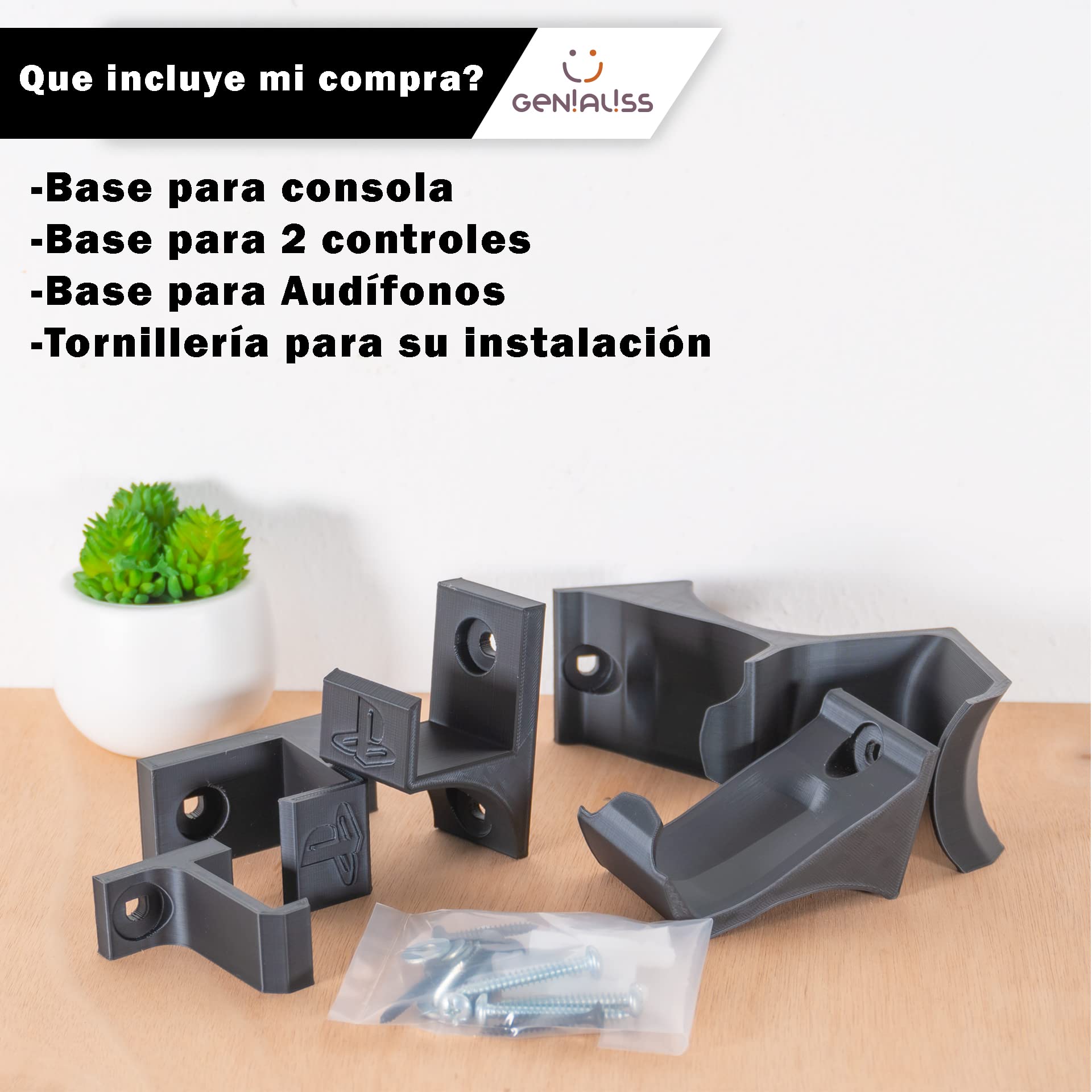 GENIALISS - Base Soporte para Consola PS4 Slim de Pared/Playstation 4 Slim/Play 4 Slim + Base Soporte para Control dualshock 4 y Soporte para audifono