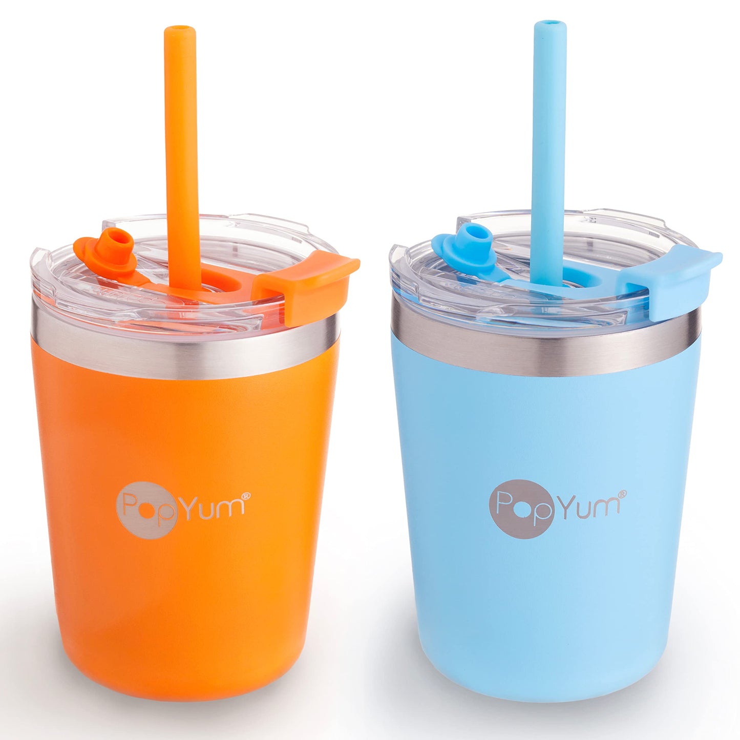 PopYum - Tazas para niños de acero inoxidable aisladas de 9 oz con tapa y popote, paquete de 2, naranja, azul, apilables, con borde de beber, para bebé, niño, niño pequeño, termo, de doble pared, al