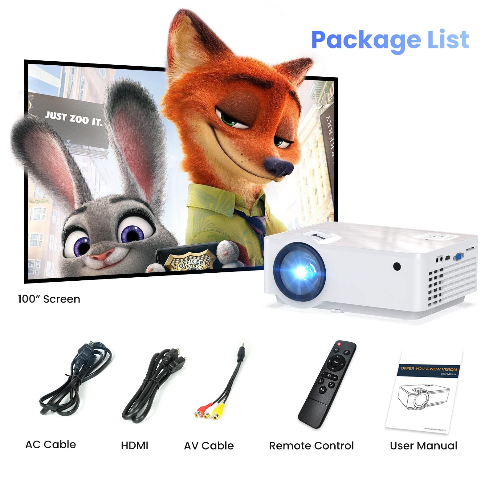 Groview Proyector, Mini proyector Bluetooth 1080P con visualización de proyector de 100 Pulgadas, para Exteriores 9500 Lux para teléfono, Compatible con VGA/HDMI/USB/SD/Laptop/Fire Stick/PS5, T6