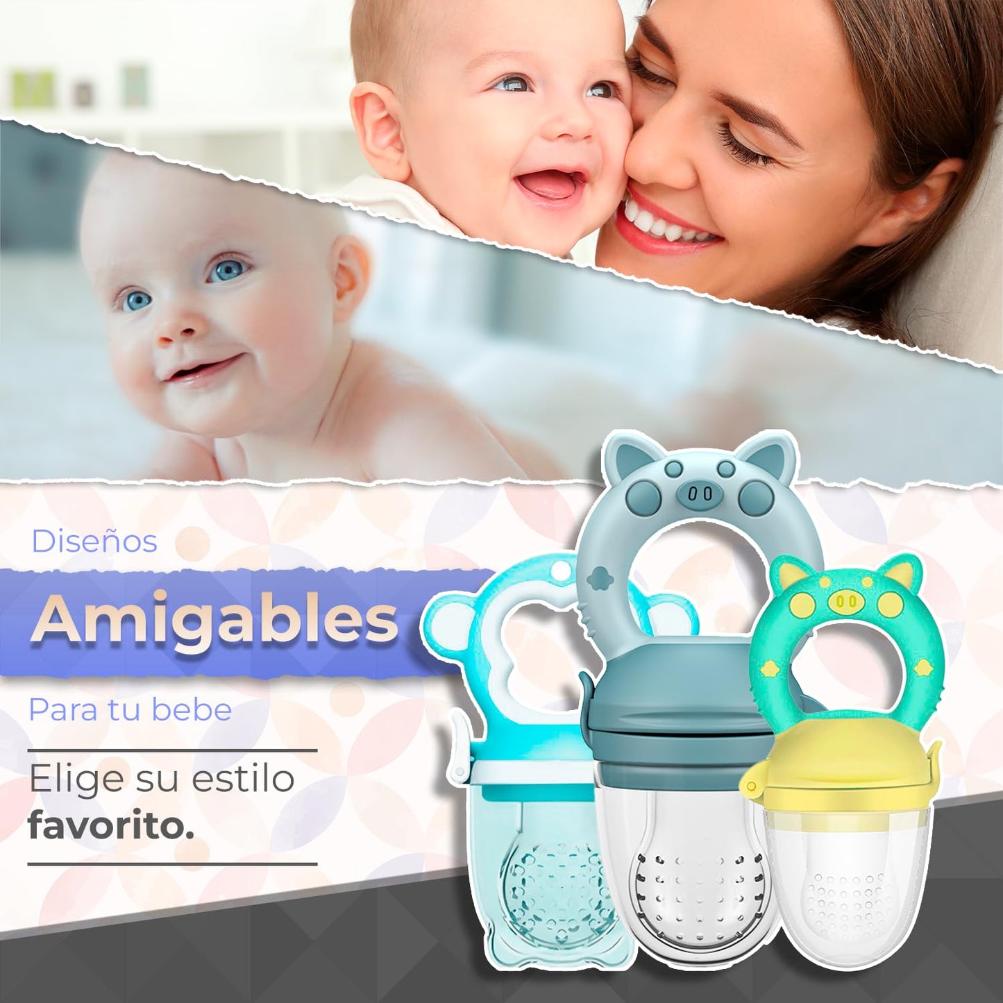 Chupones alimentadores para frutas y papillas con tapa libre de bpa, dibujos animados, 4m+ 3 piezas (pig azul / dino verde amarillo / monkey azul)