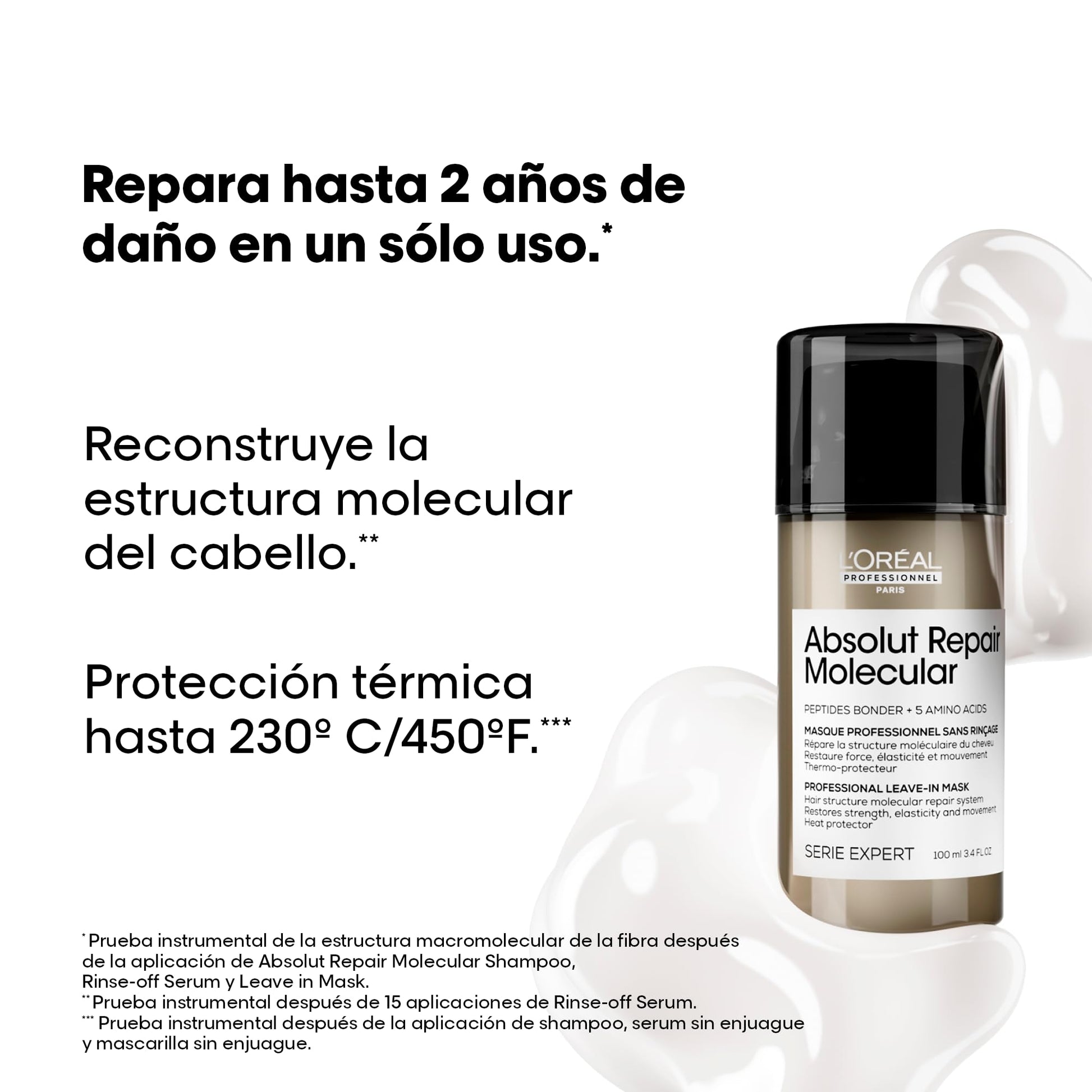 L'Oréal Professionnel Absolut Repair Molecular Mascarilla | Mascarilla sin enjuague reparadora | Protección Térmica | Efecto Anti-Frizz | Para cabello muy dañado | Con tecnología 2% reparador de péptidos + 5 aminoácidos | Repara el cabello y restaura su f