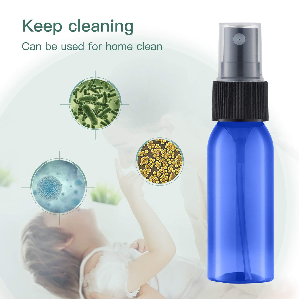 Paquete de 12 botellas de spray de plástico, 30 ml, pulverizadores vacíos y finos, atomizador de perfume de viaje para soluciones de limpieza (botellas de espray, negro + transparente), azul+transpa