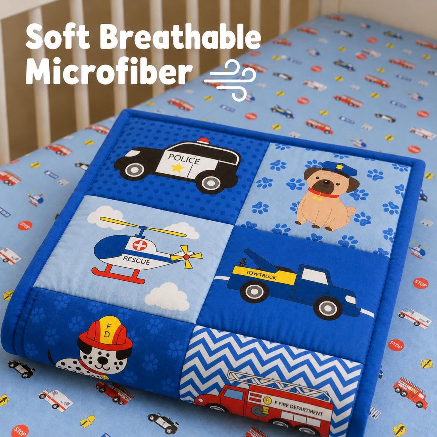 EVERYDAY KIDS Juego de ropa de cama de 3 piezas para cuna, pequeño rescatador, incluye edredón, sábana bajera y volantes antipolvo, juego de cama para guardería, juego de cama para cuna de bebé