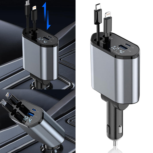 HKEDHD 120W Retráctil Cargador de Coche 4 en 1 Adaptador de Cargador de Coche con Cable Retráctil y Pantalla de Voltaje para Vehículos de 12/24 V, Compatible con Android, iPhone, Samsung,Huawei,Google