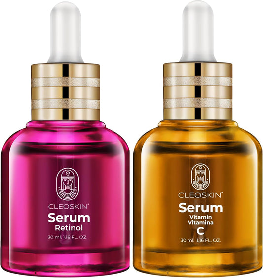 CLEOSKIN Pack 2 Sueros faciales, Serum Vitamina C (Ácido ascórbico) y Serum Retinol (Vitamina A), para el cuidado de la piel, anti manchas, Hidratante Facial, Kit Day & Nigth
