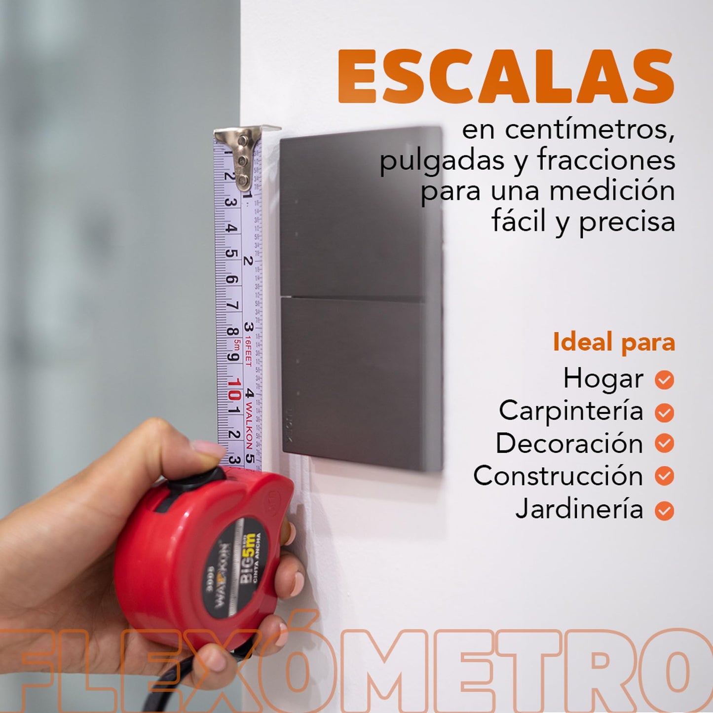 Cinta Métrica WALKON Blanca 3m y 5m con Escala en Centímetros, Pulgadas y Fracciones Ergonómica